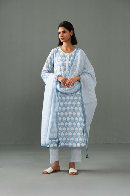 Abha Block Print Kurta Set- Blue