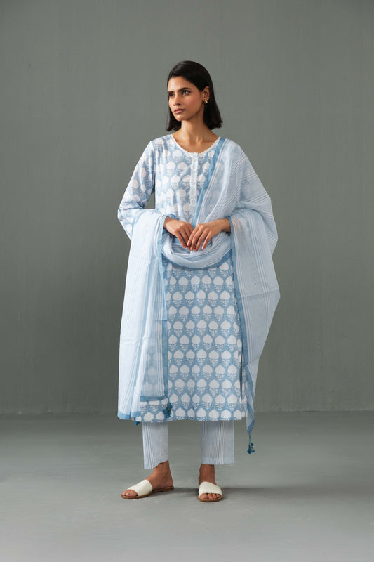 Abha block print kurta set- Blue