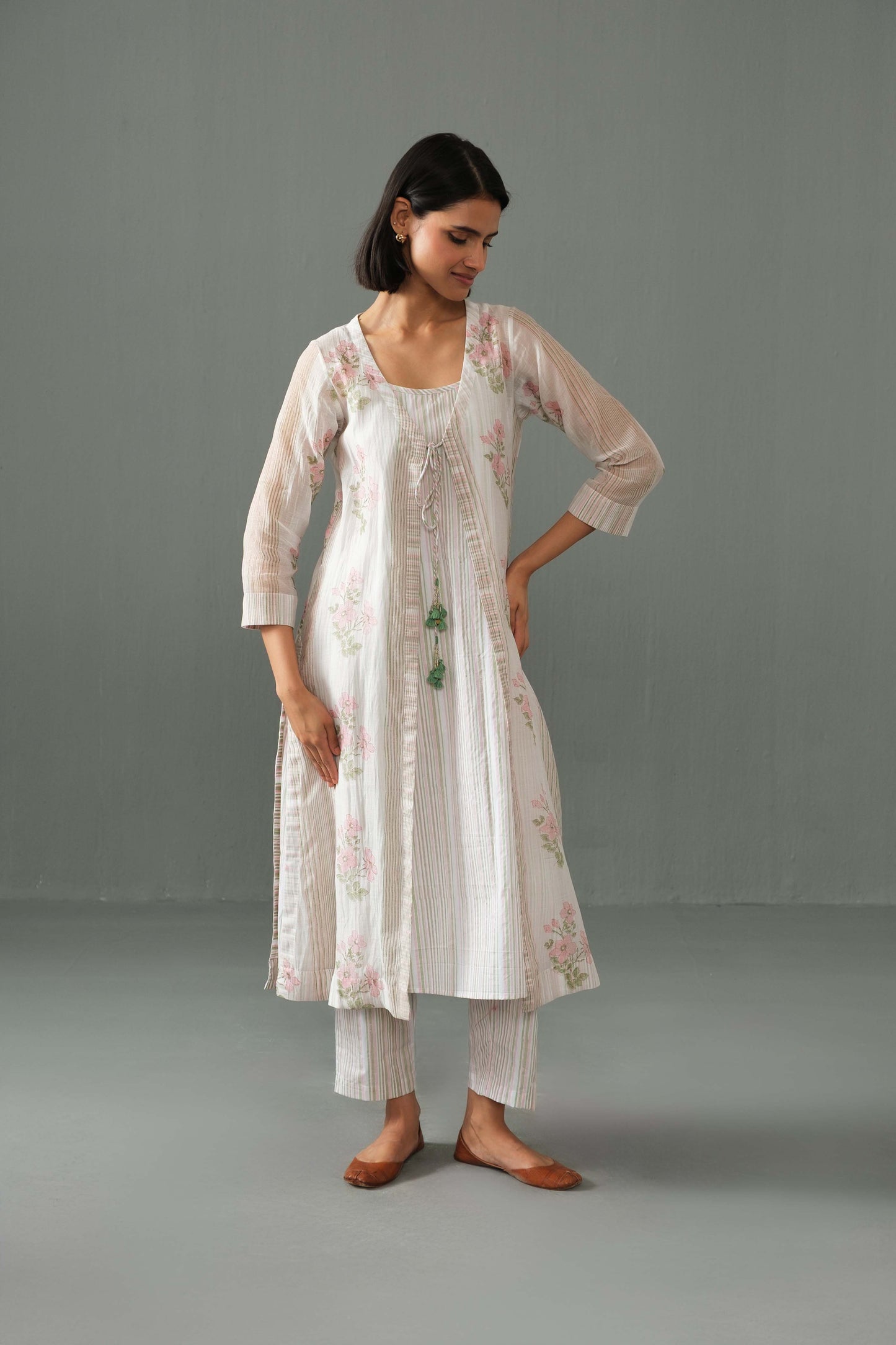 Olivia Block Print Overlay kurta set White