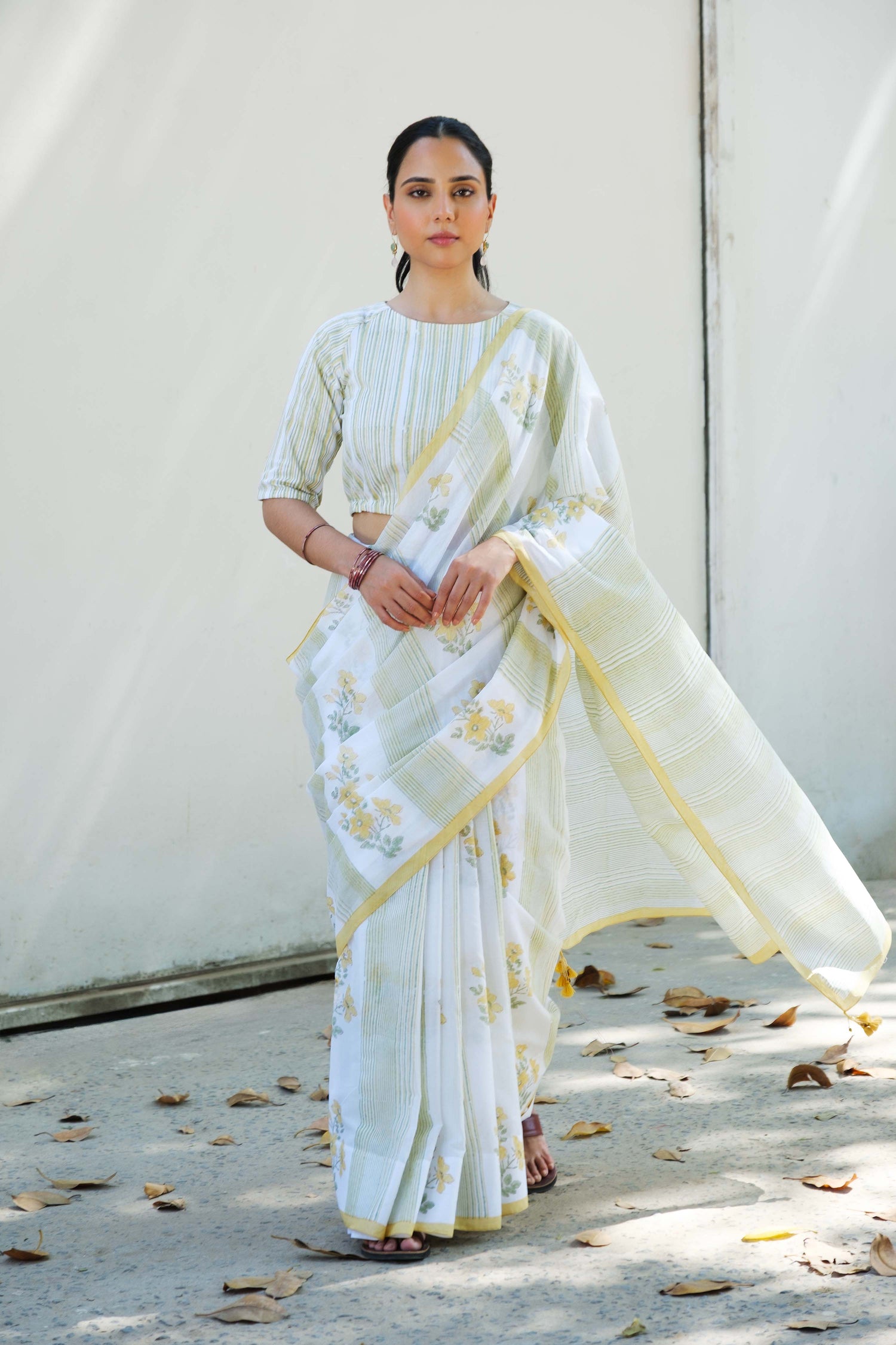 Akira block printed Saree Yellow