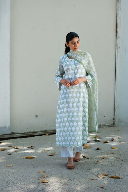 Abha Block Print Kurta Set-Green
