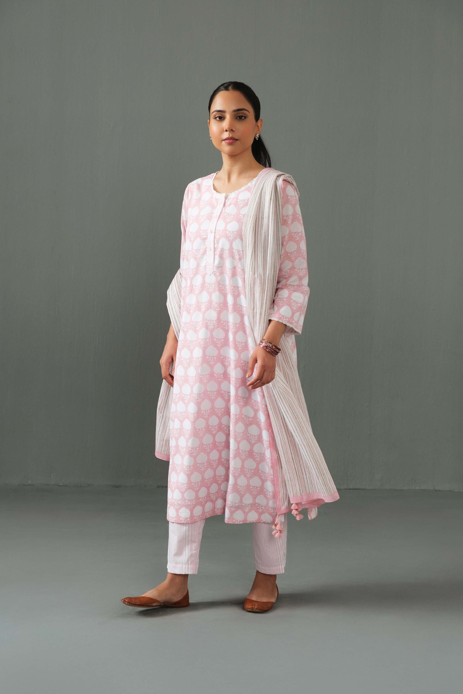 Abha block print kurta set- Pink