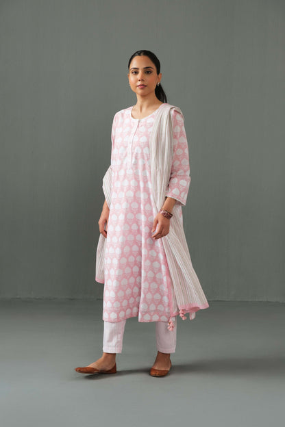 Abha Block Print Kurta Set- Pink