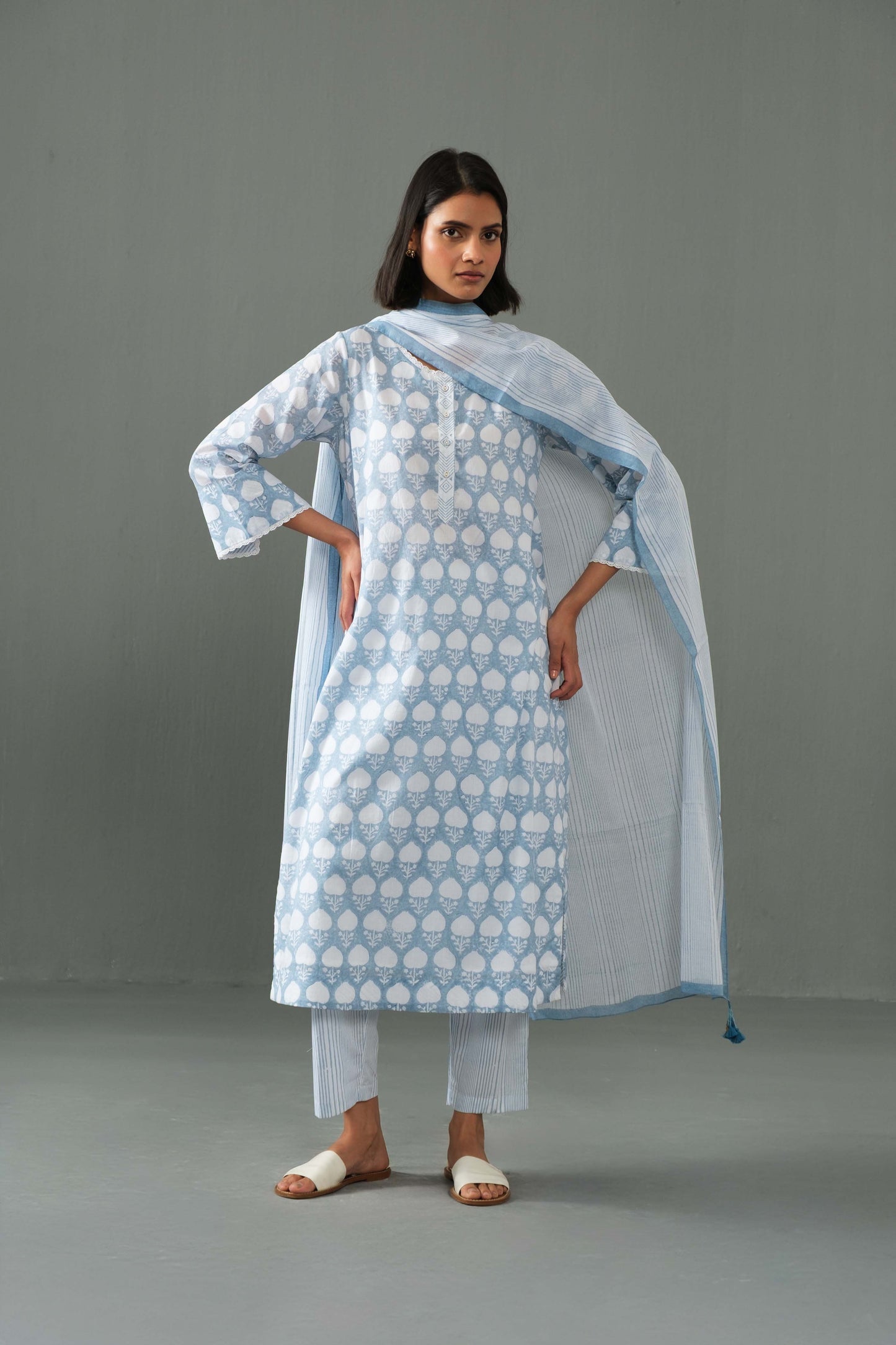 Abha block print kurta set- Blue