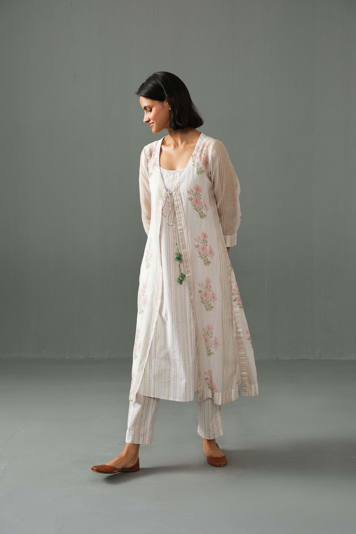 Olivia Block Print Overlay kurta set White