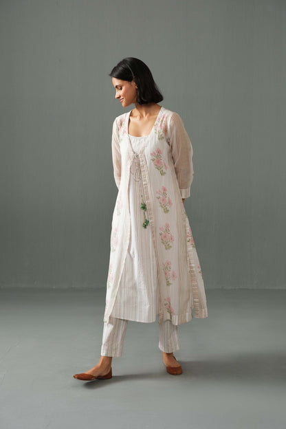 Olivia Block Print Overlay Kurta Set White