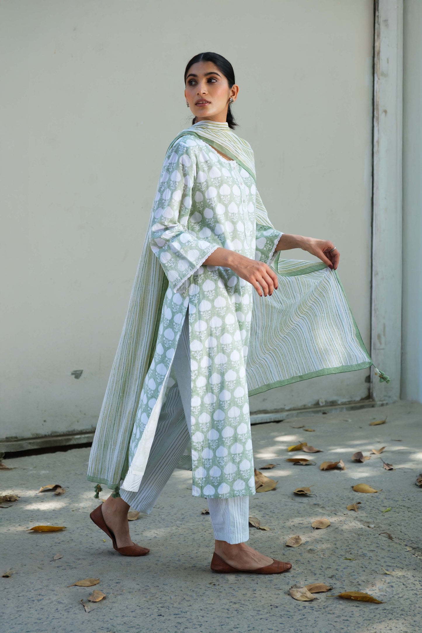 Abha block print kurta set-Green