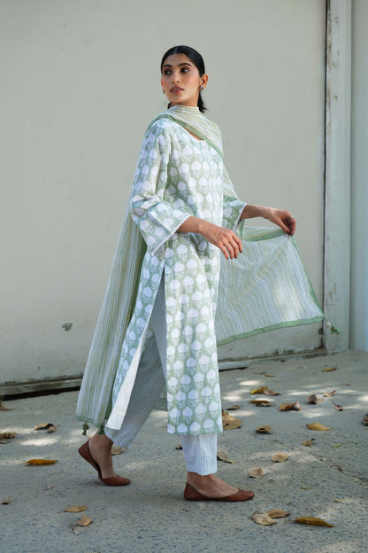 Abha Block Print Kurta Set-Green