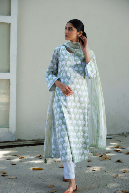 Abha Block Print Kurta Set-Green
