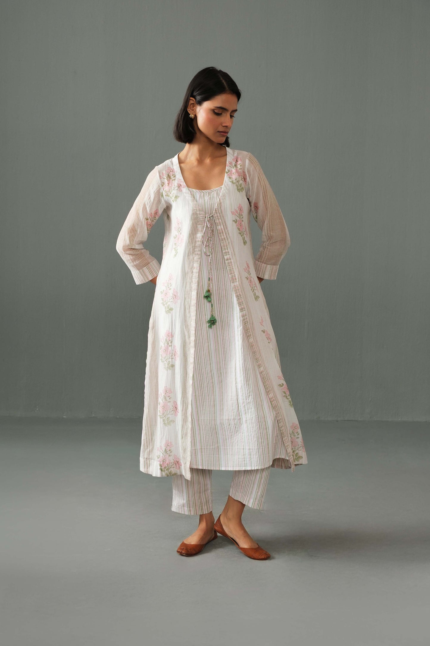 Olivia Block Print Overlay kurta set White
