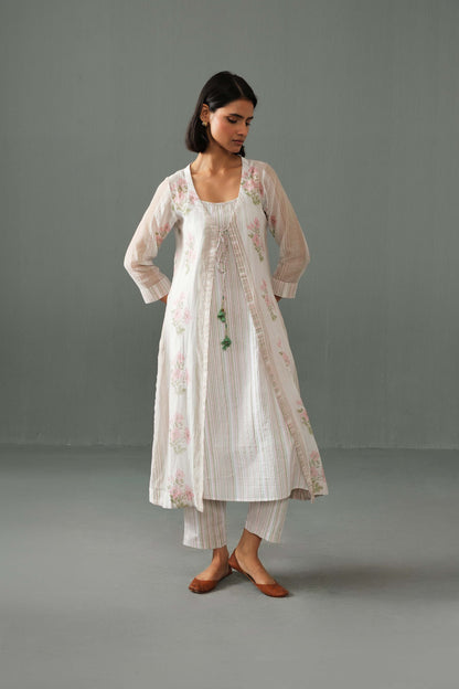Olivia Block Print Overlay Kurta Set White