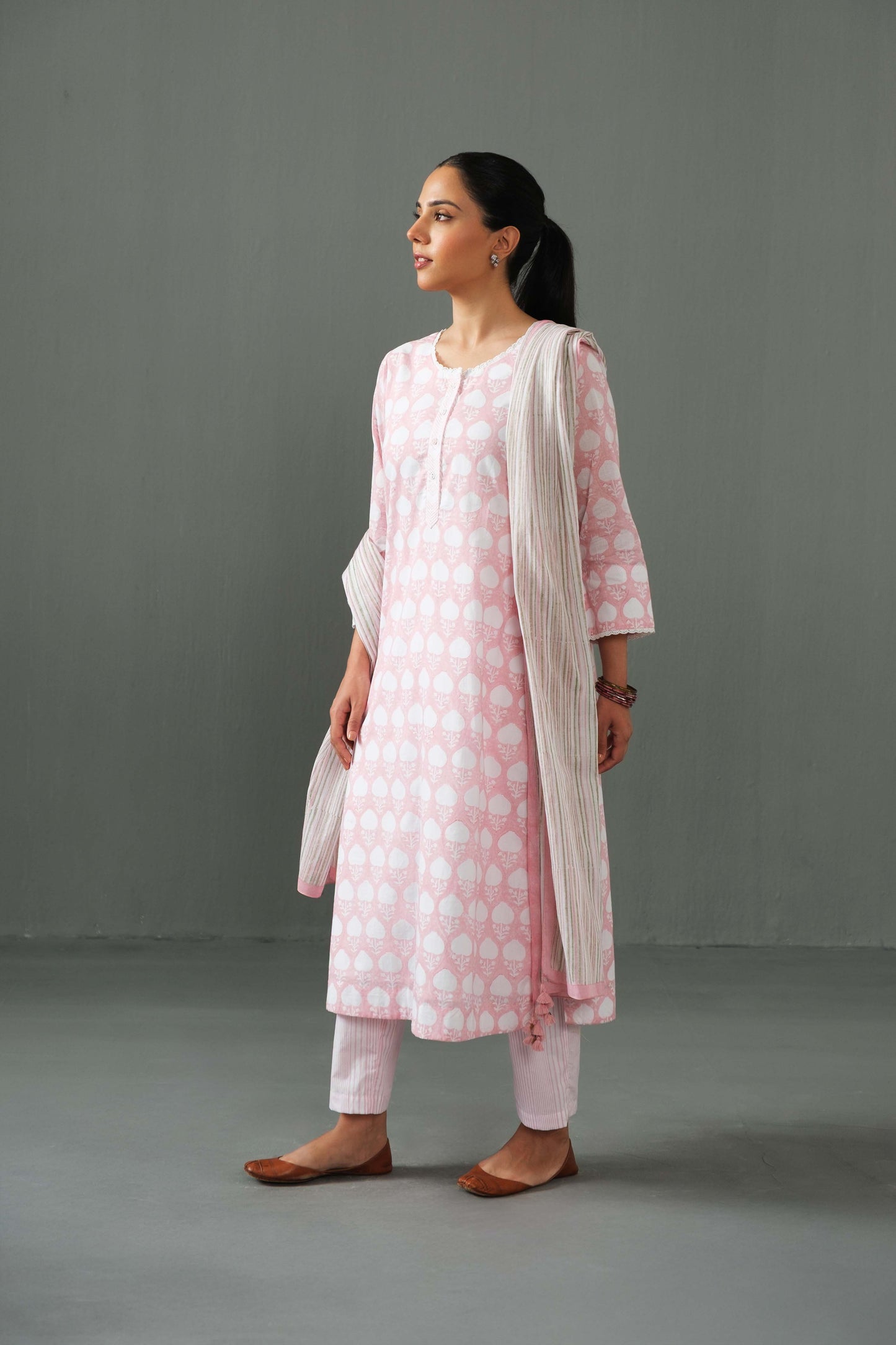 Abha block print kurta set- Pink