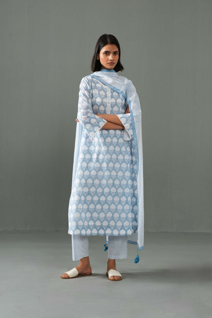 Abha Block Print Kurta Set- Blue