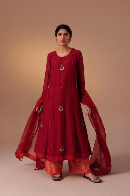 Noor Kurta Set - Red Orange