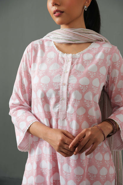 Abha Block Print Kurta Set- Pink
