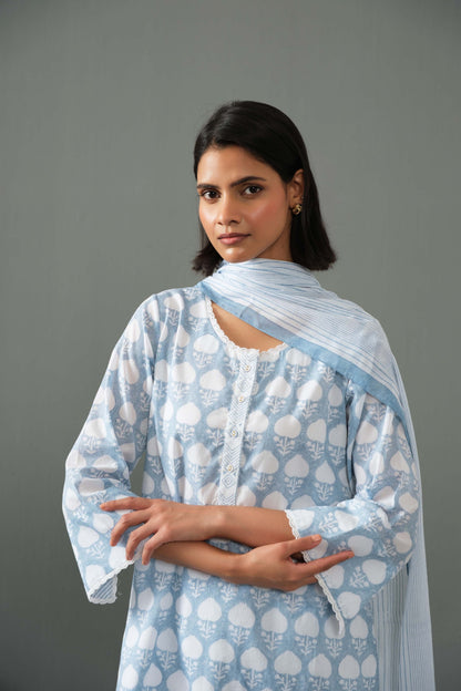 Abha Block Print Kurta Set- Blue