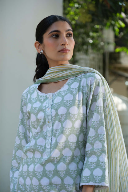 Abha Block Print Kurta Set-Green