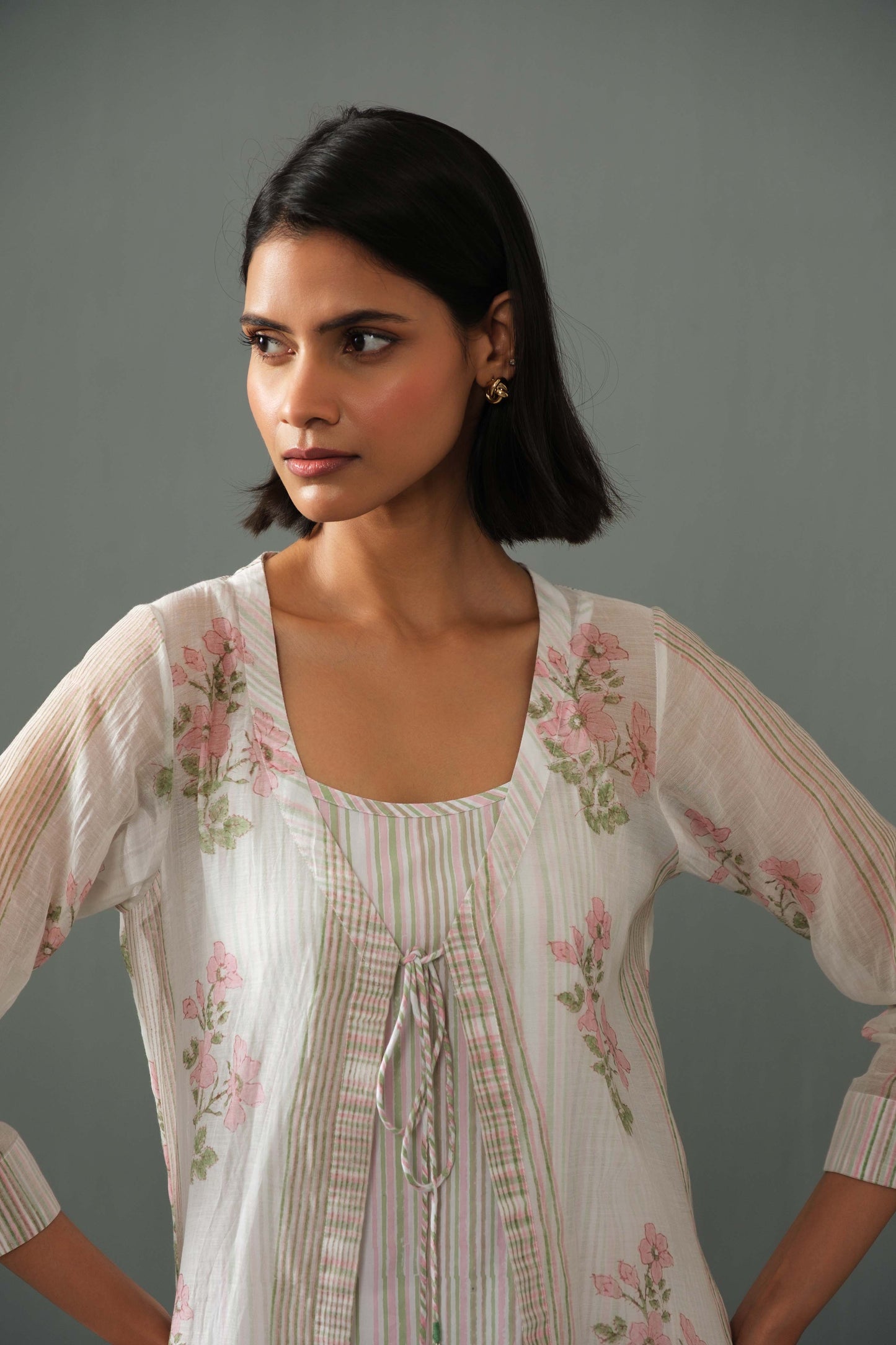 Olivia Block Print Overlay kurta set White