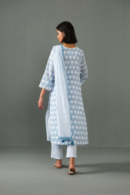 Abha Block Print Kurta Set- Blue