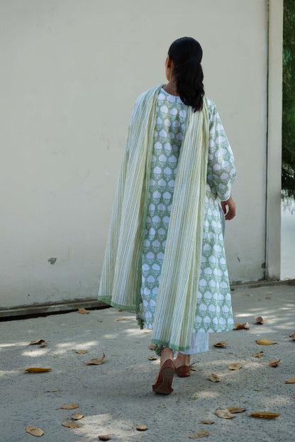 Abha Block Print Kurta Set-Green